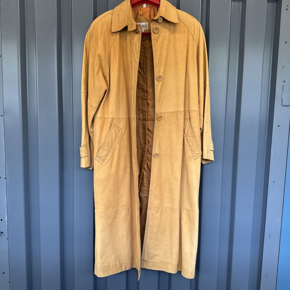 Vintage Hugo Buscati Tan Leather Women's Long Duster Trench Coat, Medium